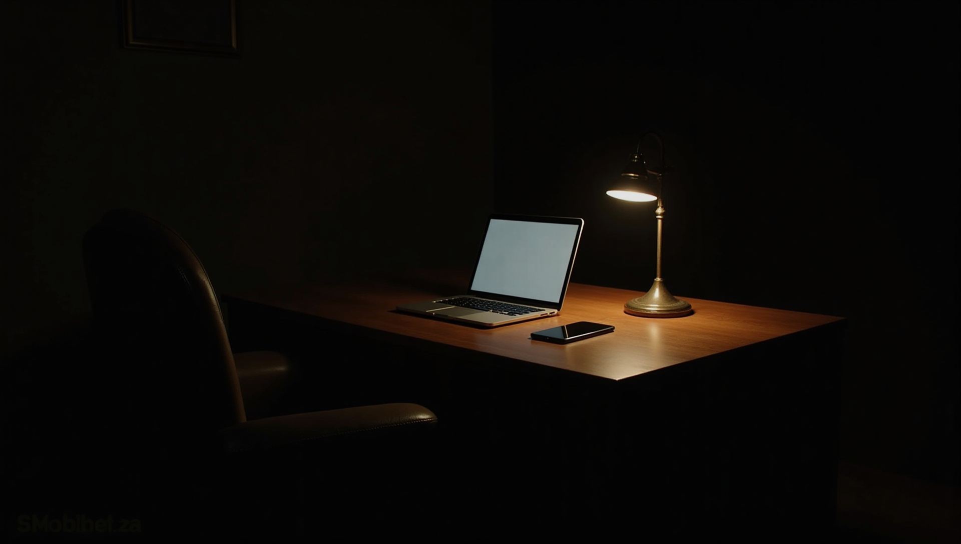 A dim private study at night with a brass desk lamp over a closed laptop