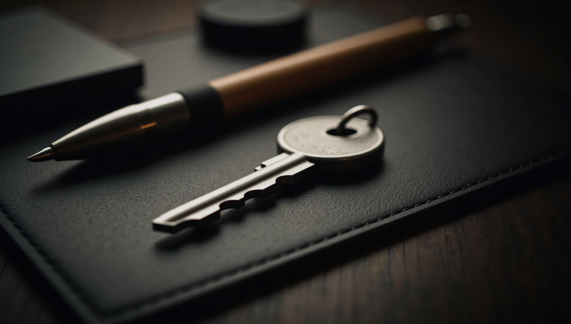A hardware security key and fountain pen on a dark leather desk pad