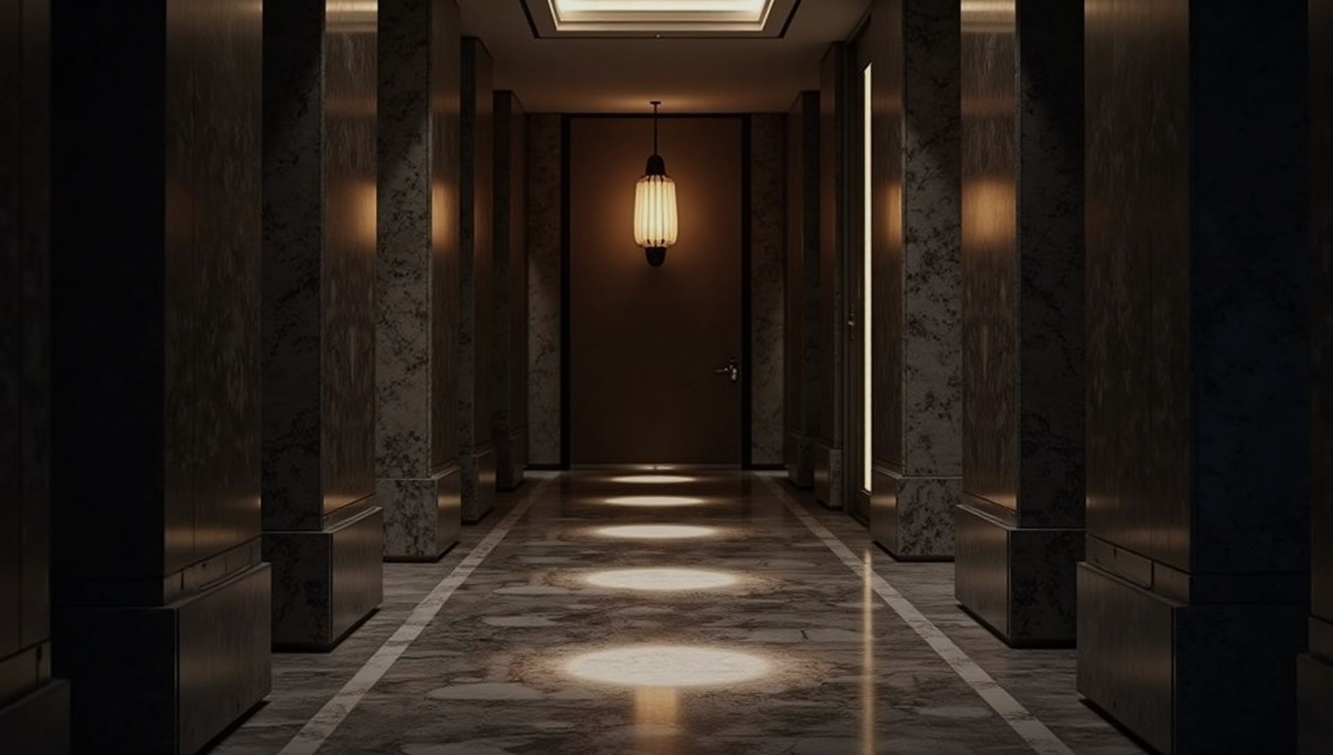 Marble lobby of a private bank at night, pools of warm light on dark stone